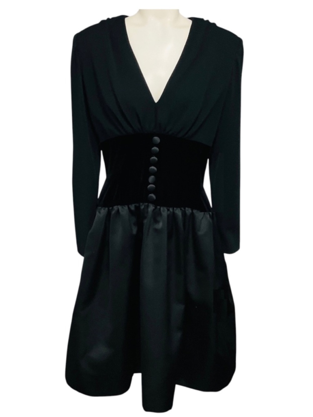 OSCAR DE LA RENTA VINTAGE BLACK BUTTON FRONT WOOL AND SATIN FLARED DRESS WITH VE